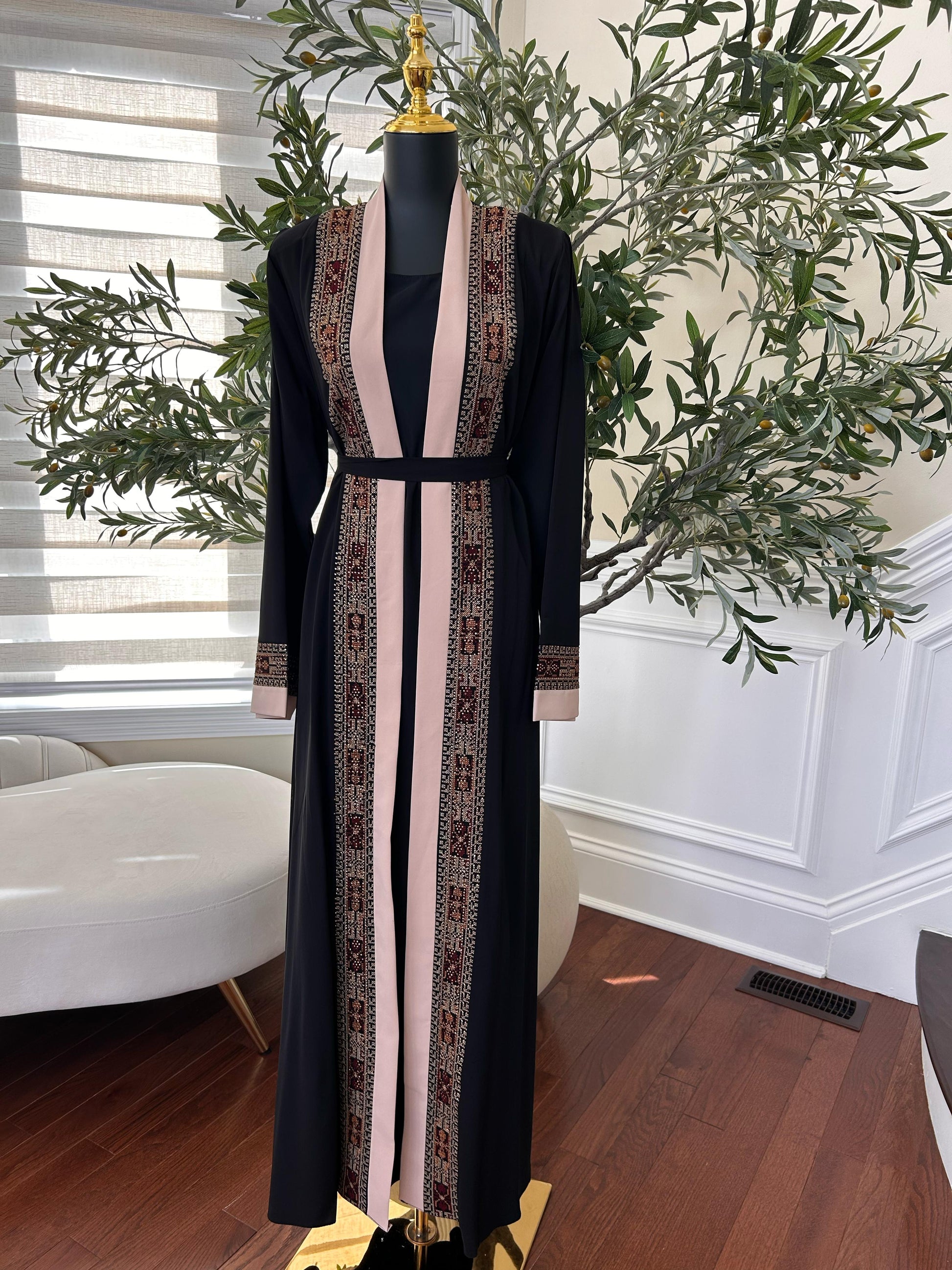 Black Tatreez Embroidered Two Piece Abaya