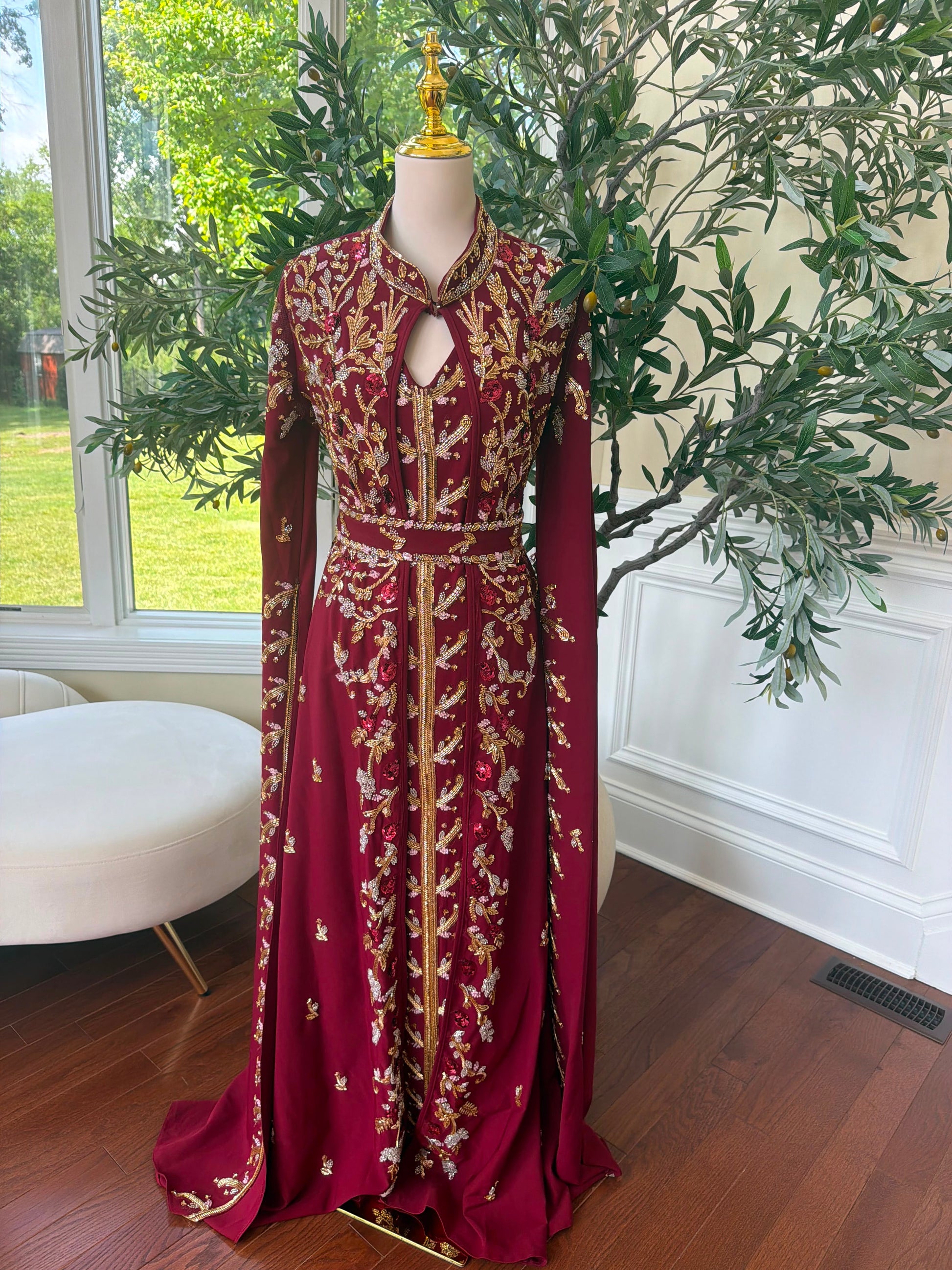 Burgundy Red Beaded Sequin Floral Kuftan