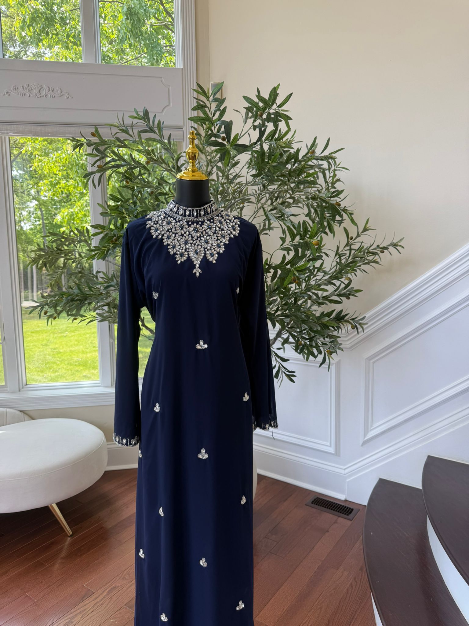 Navy High Neck Crystal Embellished Maxi Dress