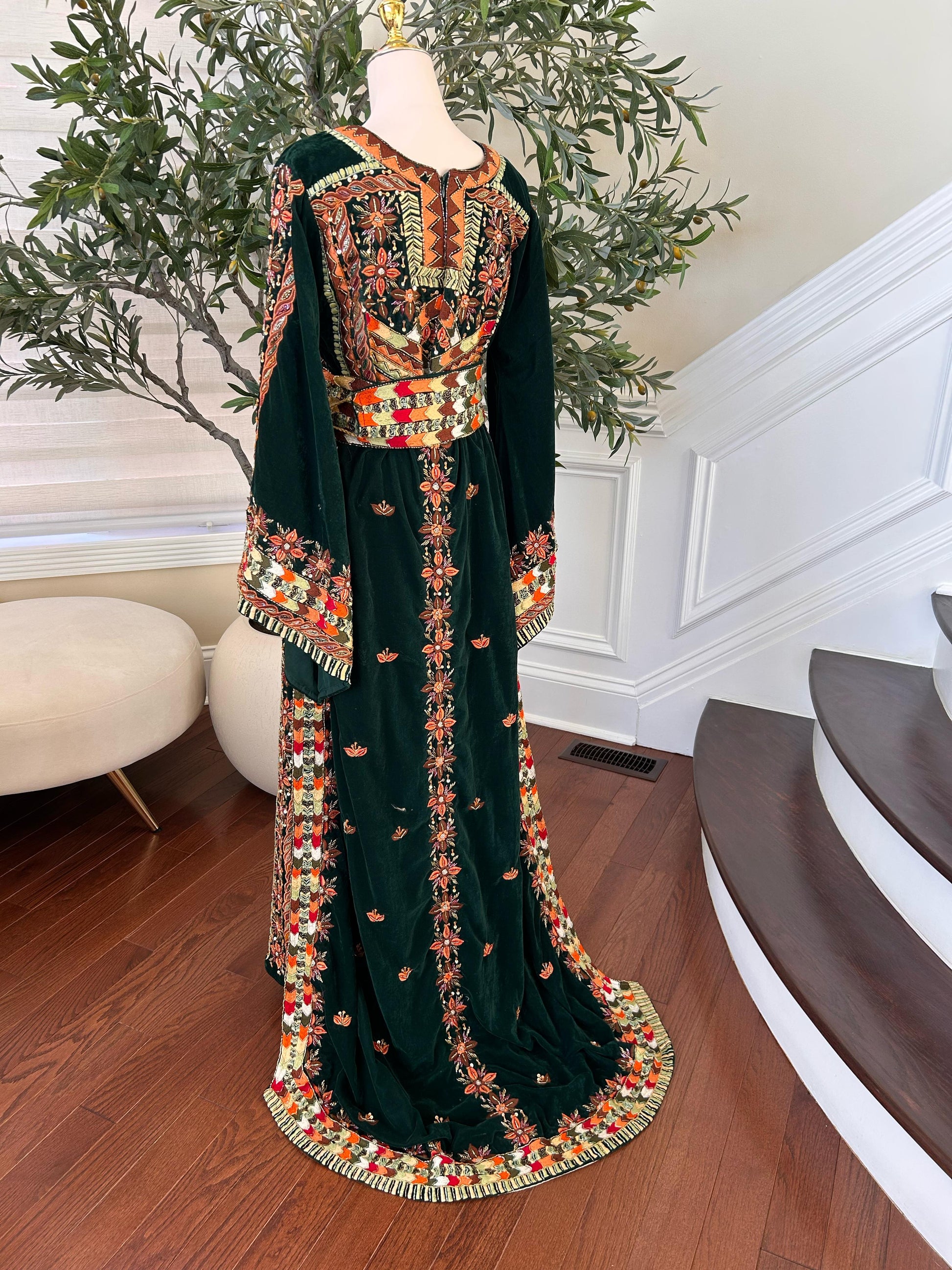 Green Velvet Handmade Embellished Beaded Thobe with Detachable Skirt