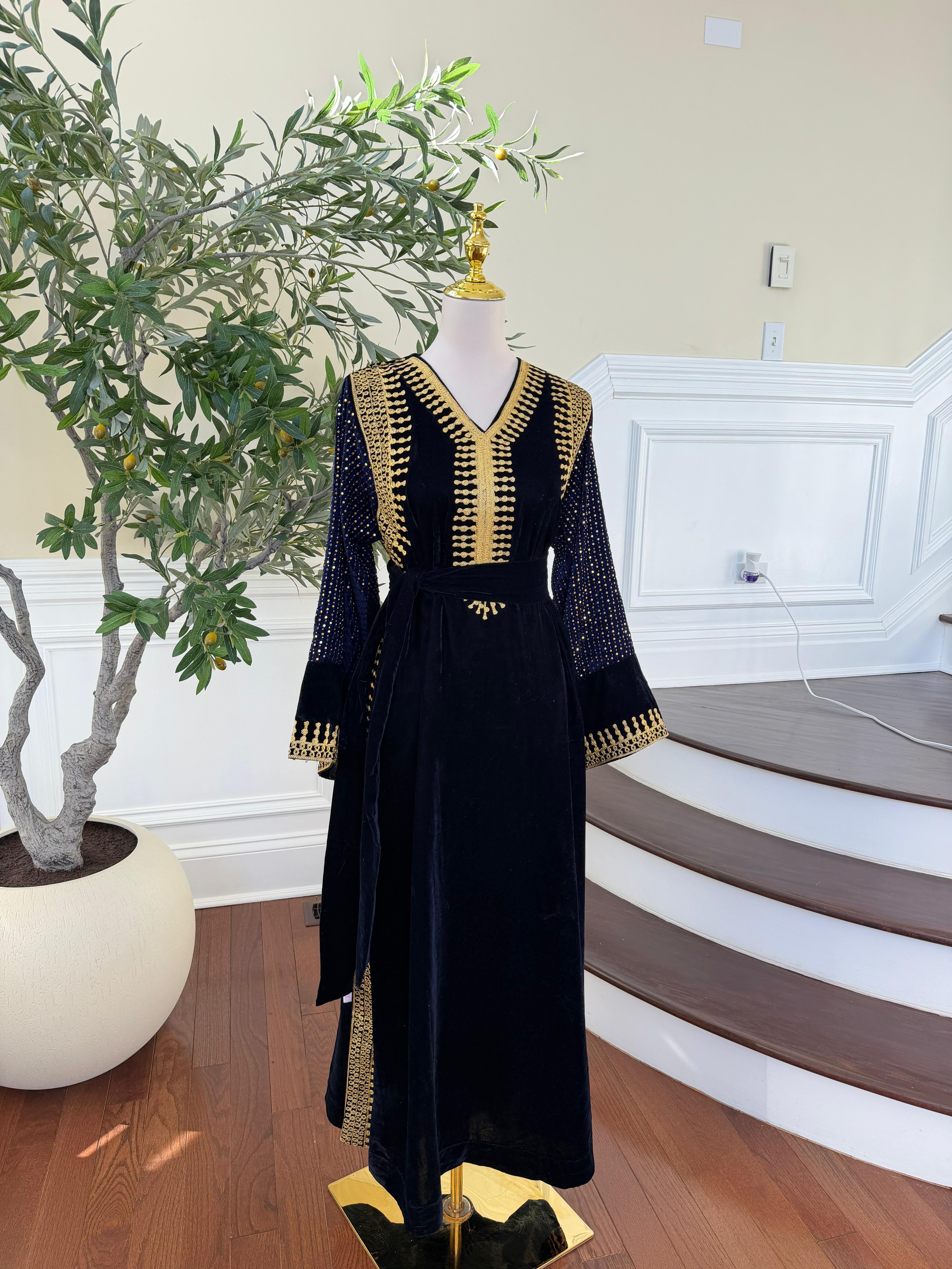 Navy Blue Velvet Celestial Gold Dress