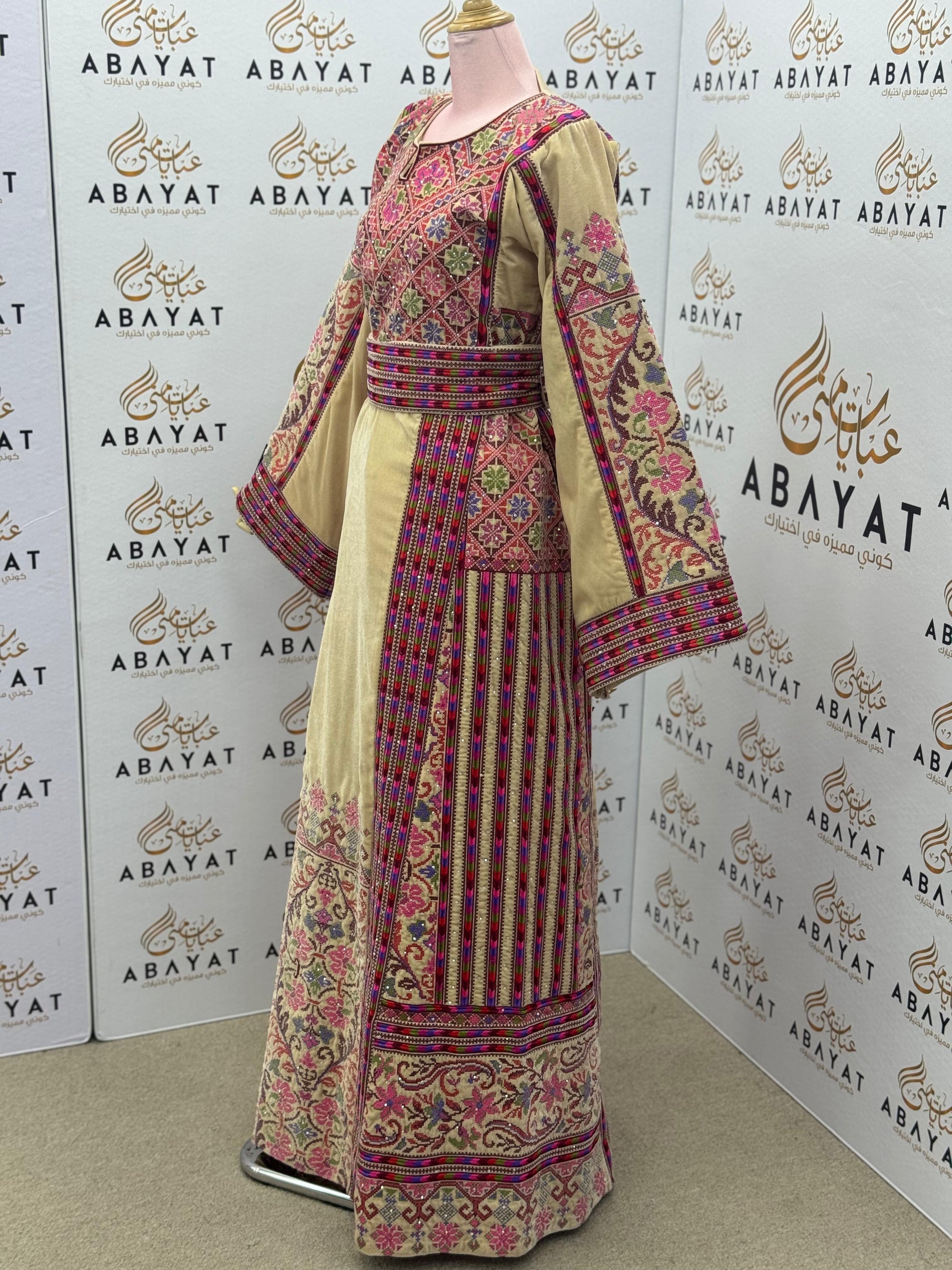 Beige & Pink Palestinian Embroidered Thobe – Classic Tatreez Heritage Dress A09042025