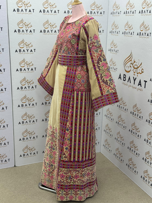 Beige & Pink Palestinian Embroidered Thobe – Classic Tatreez Heritage Dress A09042025