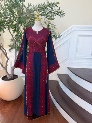 Elegant Navy & Red Embroidered Palestinian Thobe Dress