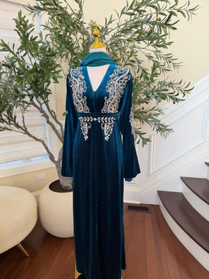 Turquoise Velvet Stone Beaded Abaya
