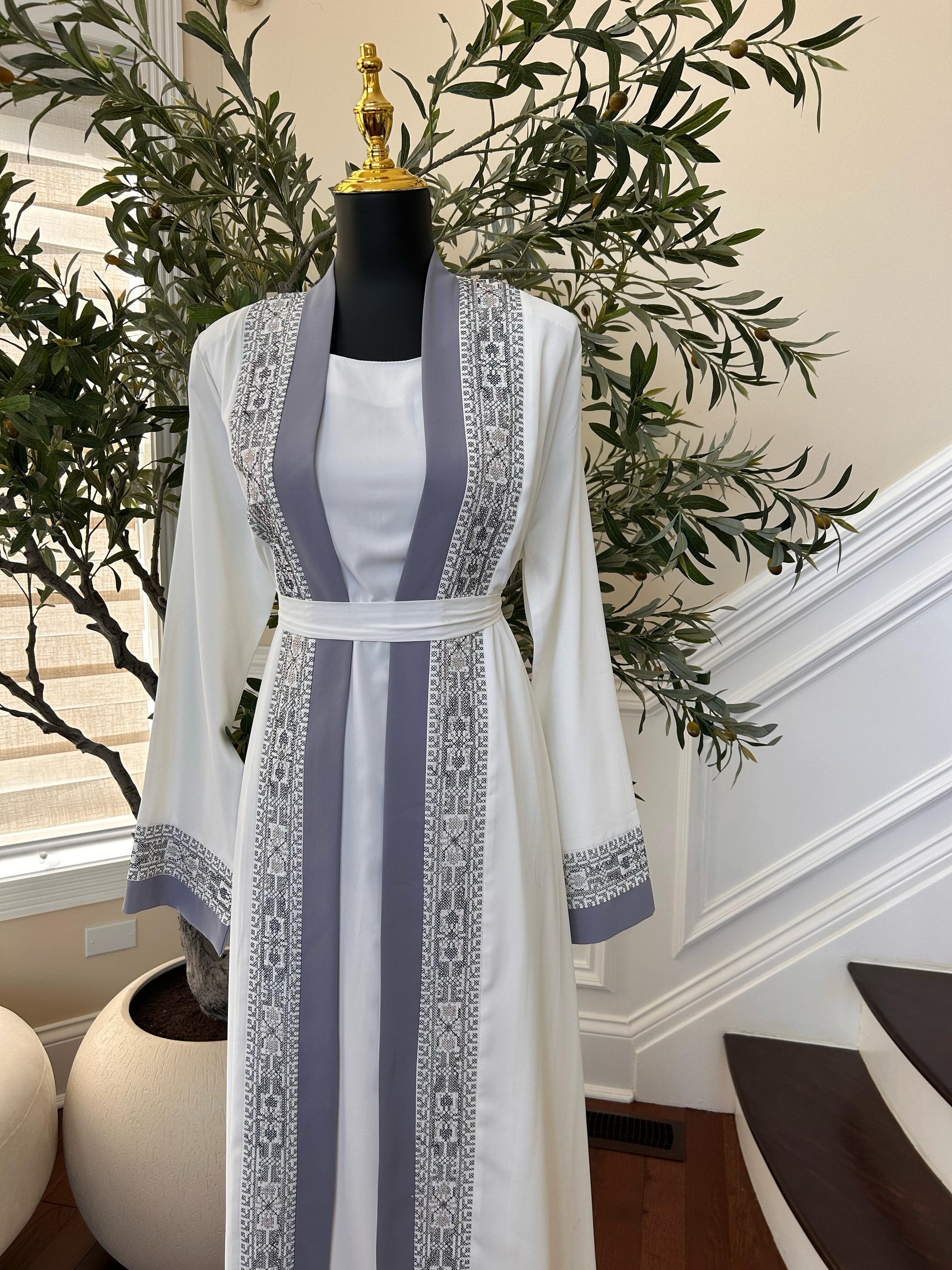 White And Grey Tatreez Beaded Two Piece Abaya