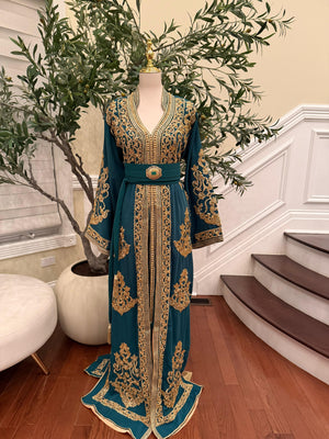 Deep Teal Kaftan Featuring Intricate Gold Detailing