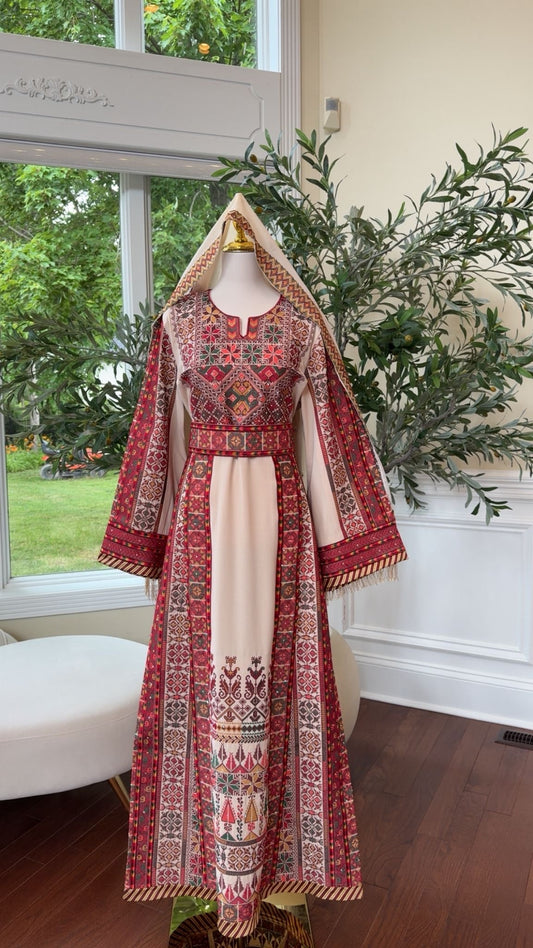 Ivory Grace | Thobe Tatreez with Heritage Red Detailing