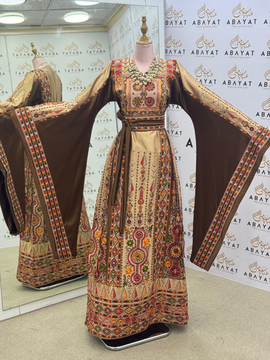 Premium Palestinian Embroidered Malakah Thobe – Golden Brown