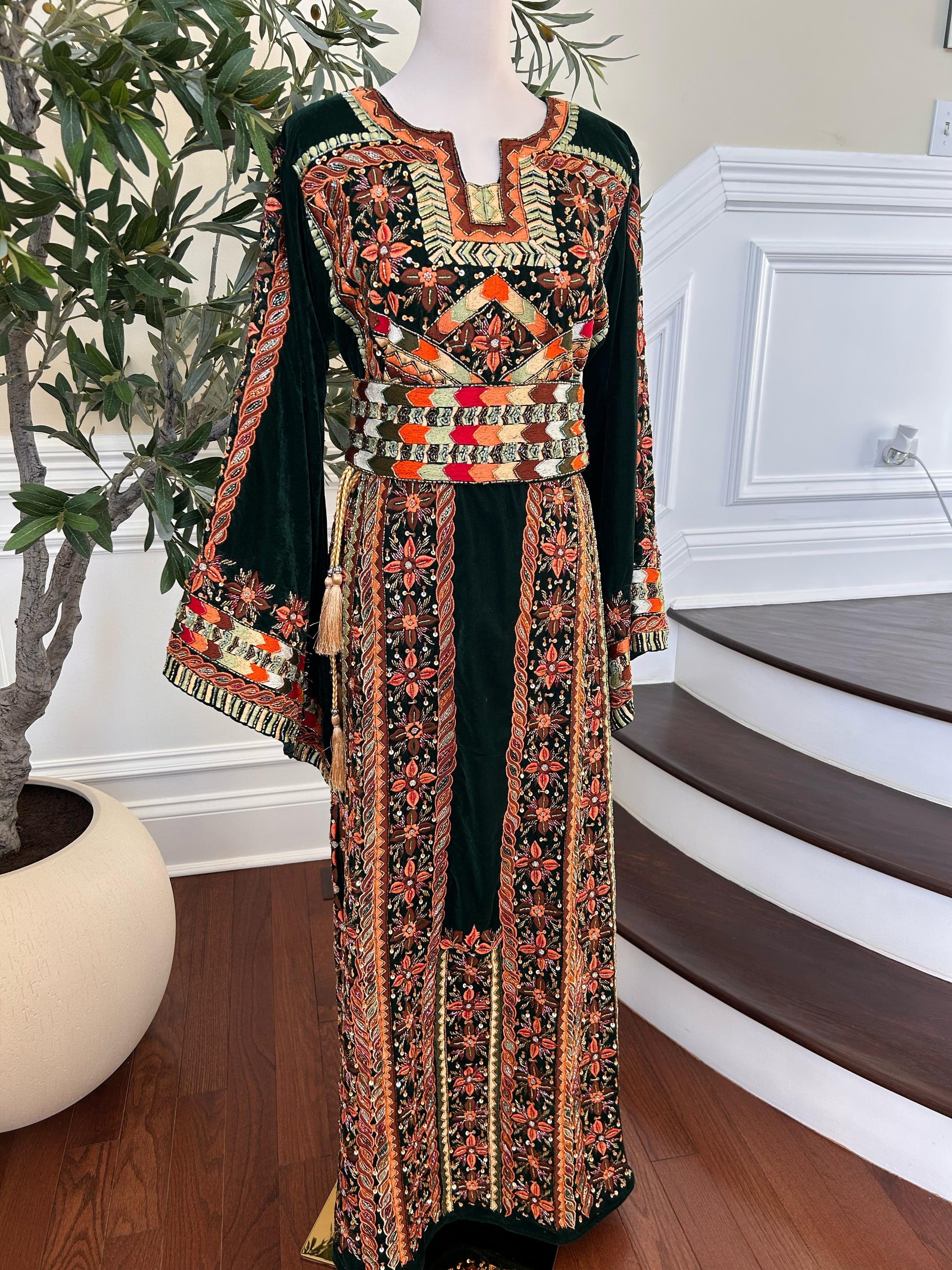 Green Velvet Handmade Embellished Beaded Thobe with Detachable Skirt