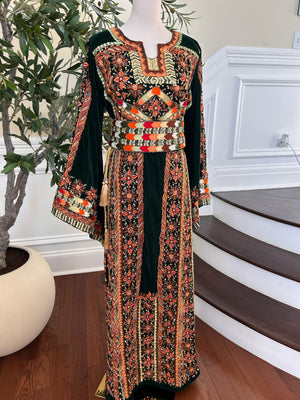 Green Velvet Handmade Embellished Beaded Thobe with Detachable Skirt