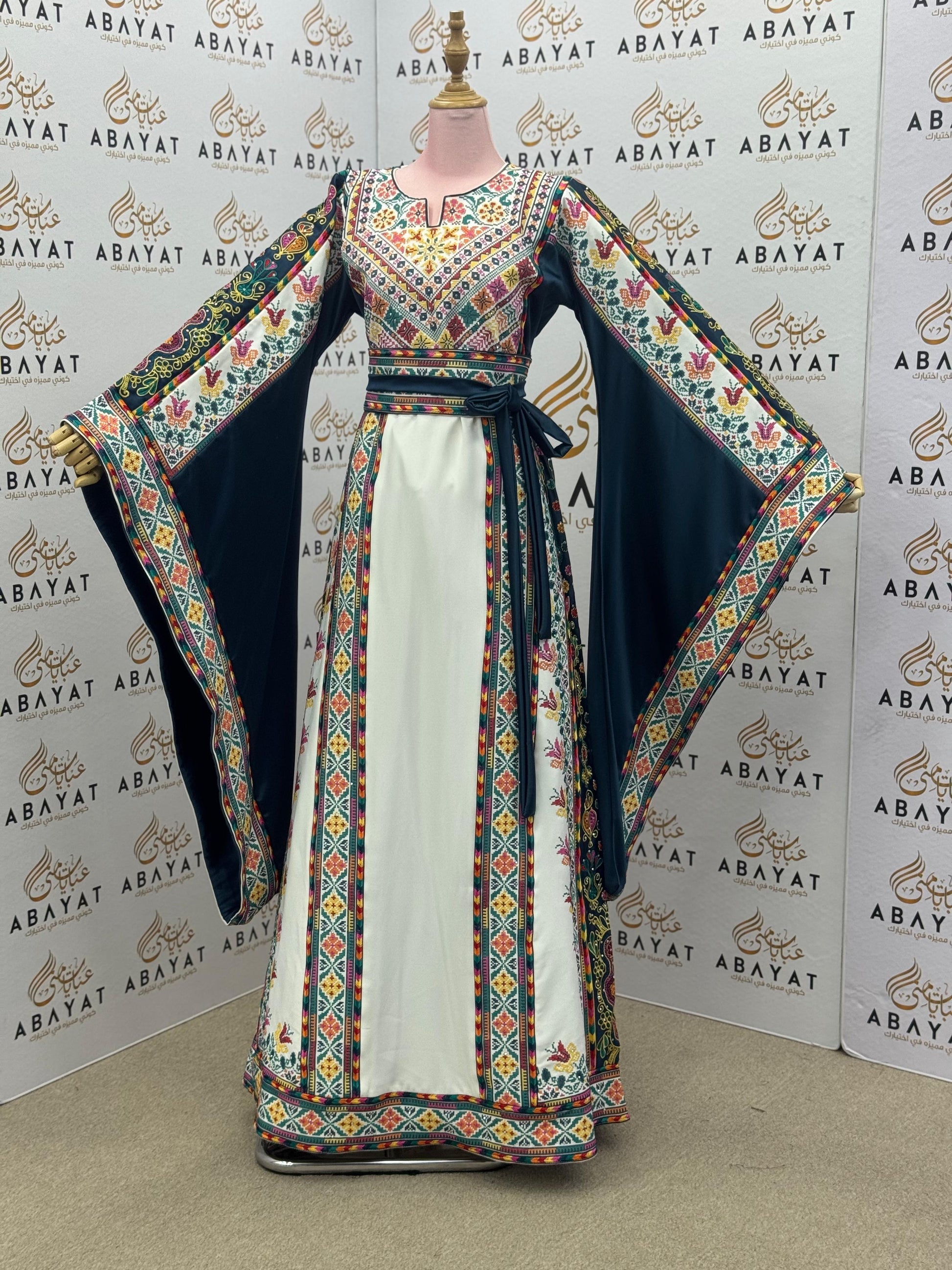 Teal & Ivory Palestinian Embroidered Thobe – Colorful Tatreez Heritage Dress A09042025