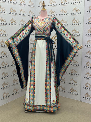 Teal & Ivory Palestinian Embroidered Thobe – Colorful Tatreez Heritage Dress A09042025