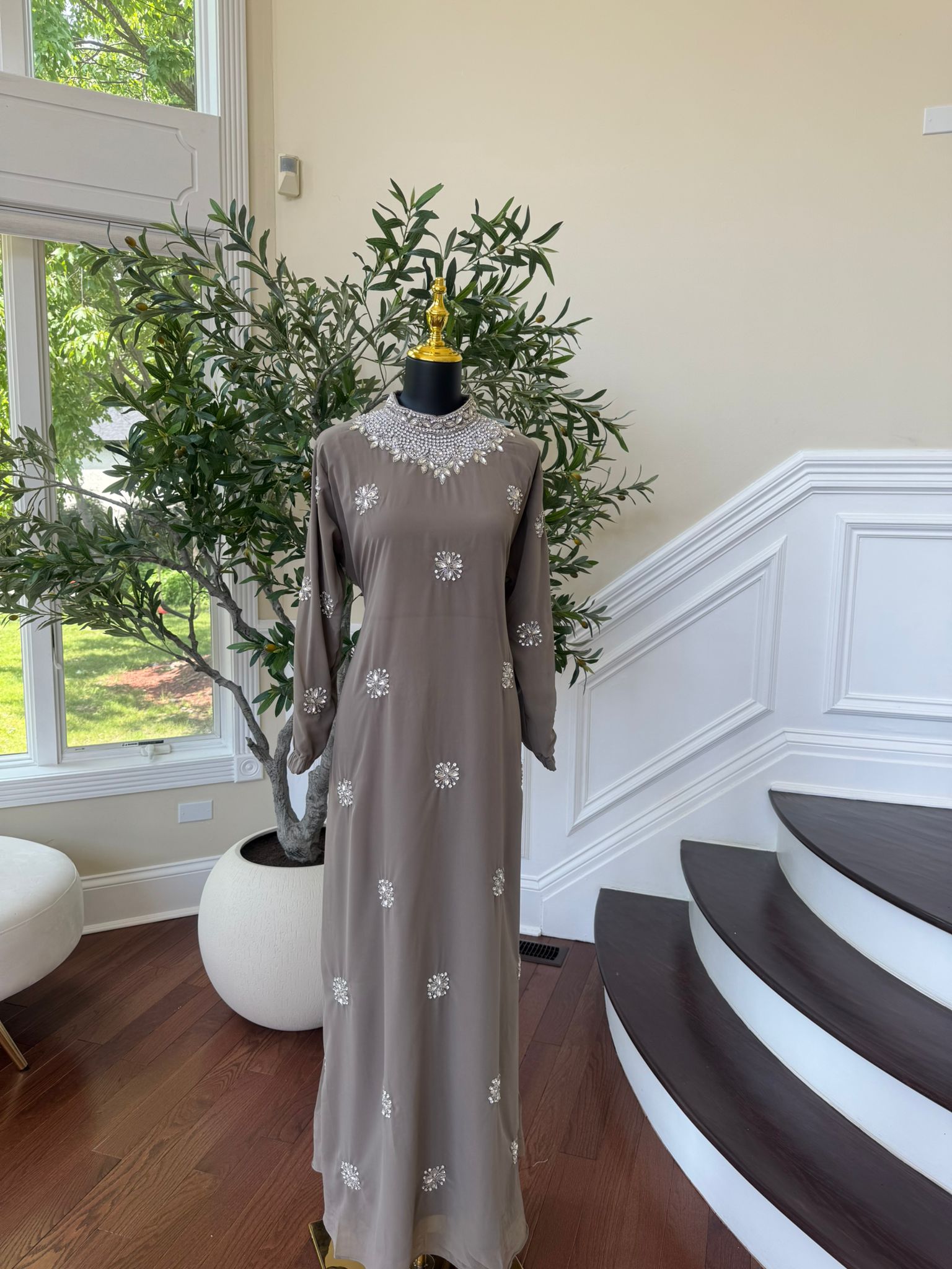Taupe Shine Stonework Maxi Dres