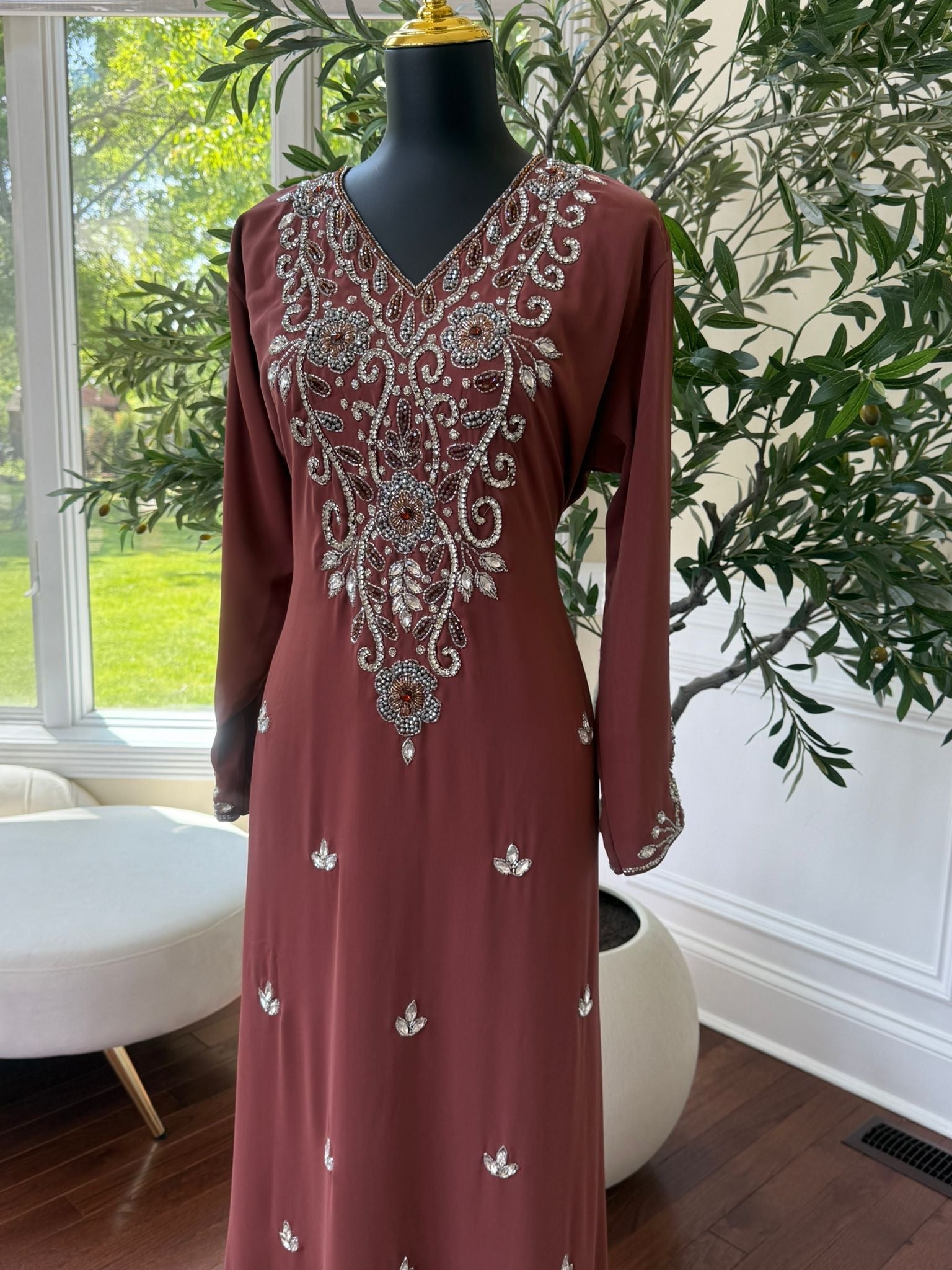 Peach Red Beaded Kuftan Maxi Dress