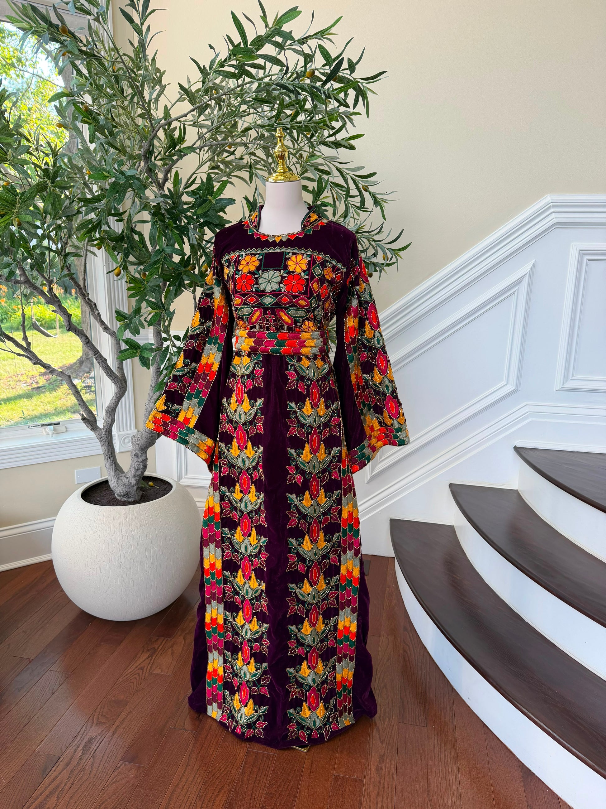 Burgundy Velvet Beaded Stone Thobe