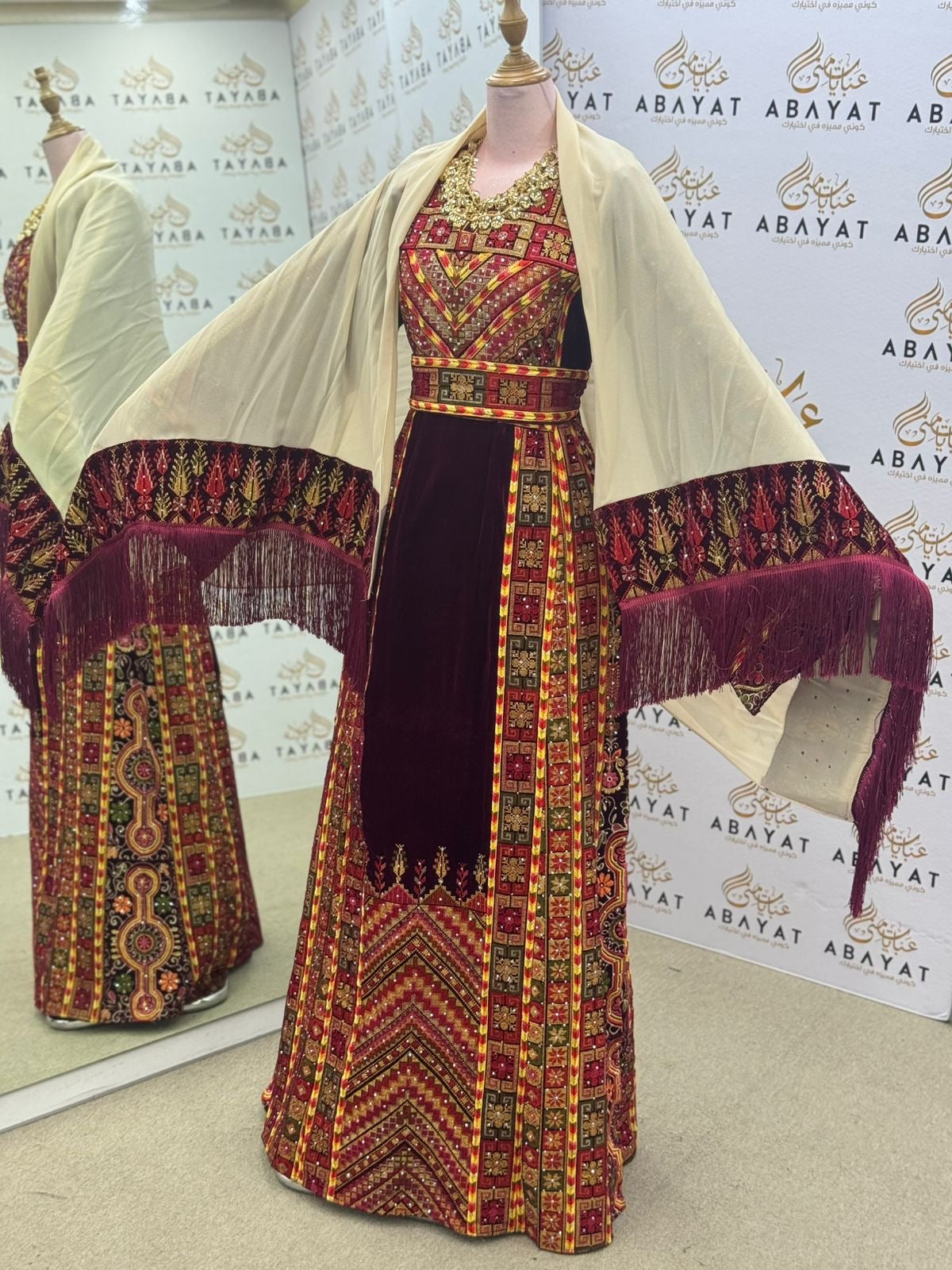 Traditional Palestinian Thobe – Full Embroidery with Matching Shawl