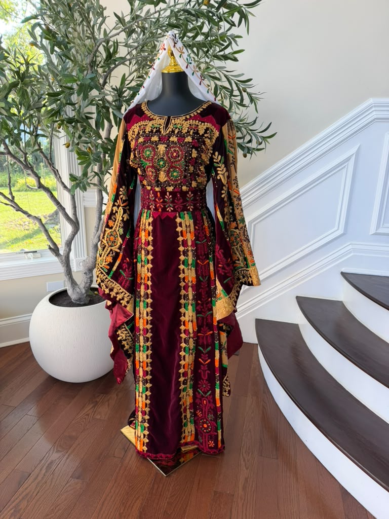 Burgundy Velvet Embroidery Tatreez Thobe