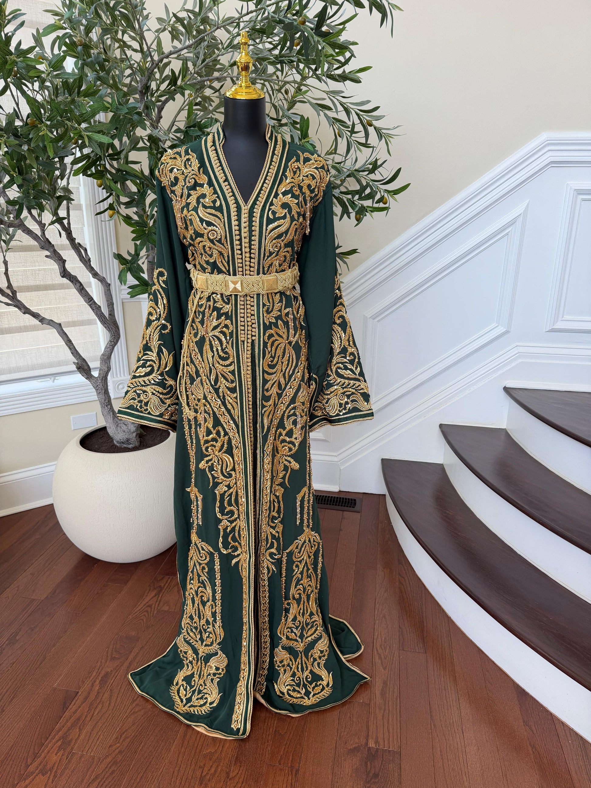 Golden Green Embroidery beaded Kuftan