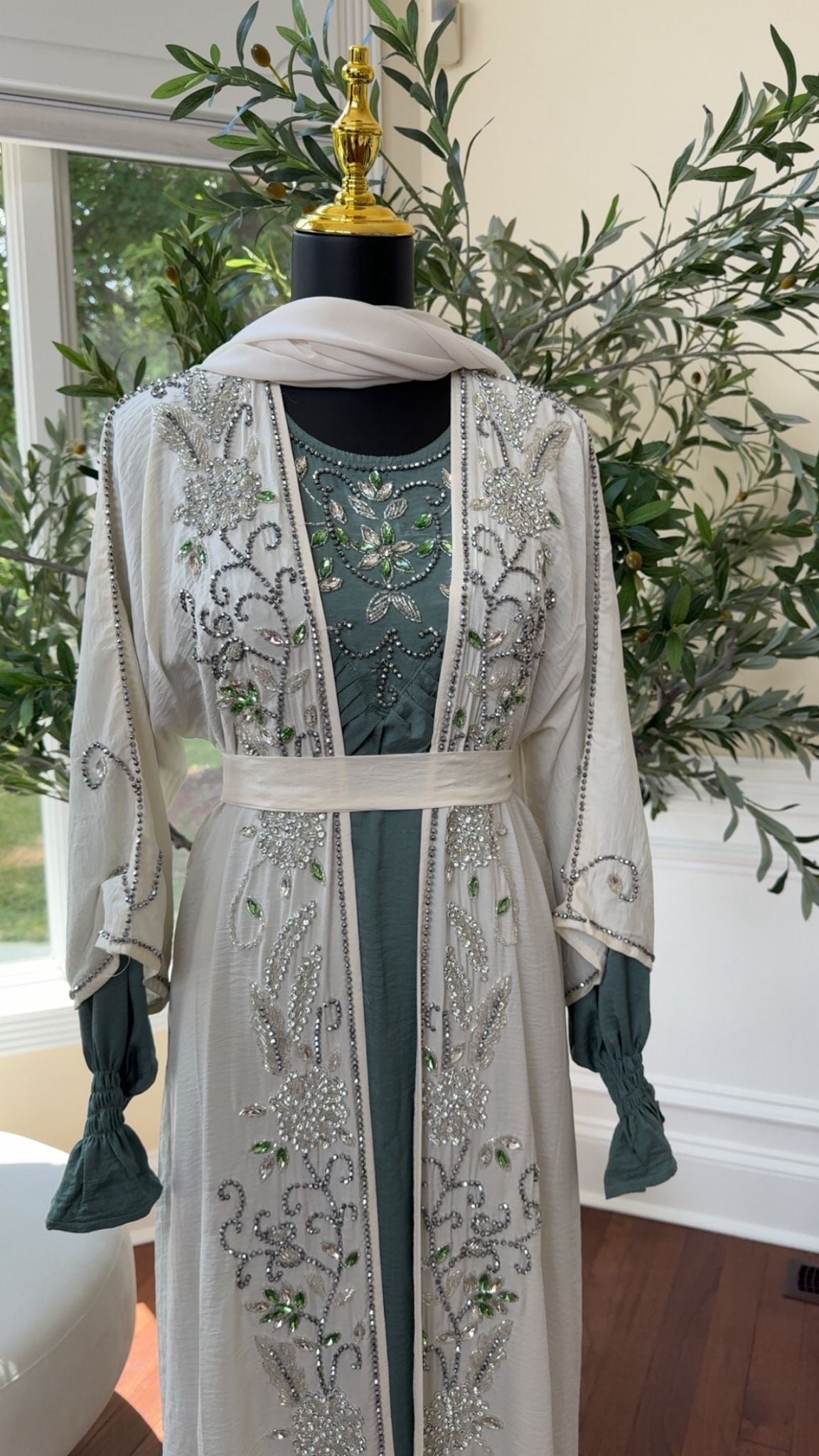 White Two Piece Beaded Abaya