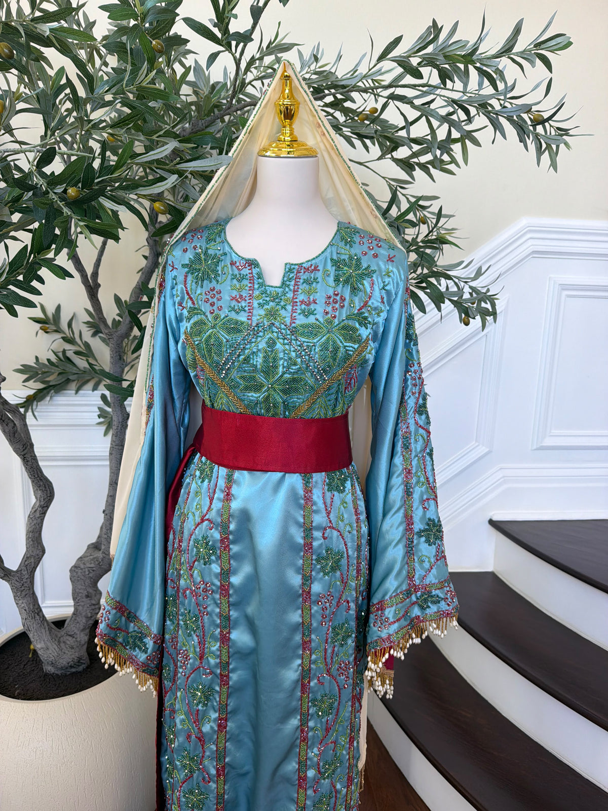 Elegant Sky Blue Satin Thobe with Intricate Green and Pink Floral Embroidery, Burgundy Belt(scarf not included)