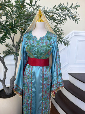 Elegant Sky Blue Satin Thobe with Intricate Green and Pink Floral Embroidery, Burgundy Belt(scarf not included)