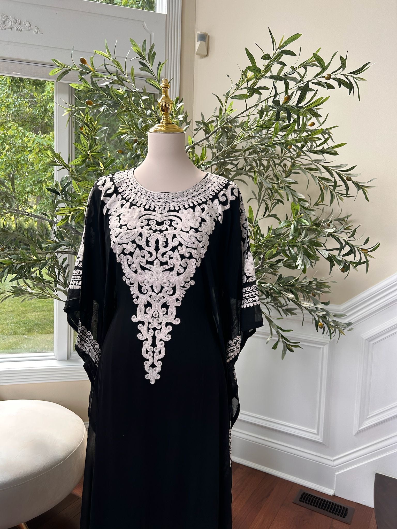 Luxury Black Embroidered White Detail Kuftan Dress