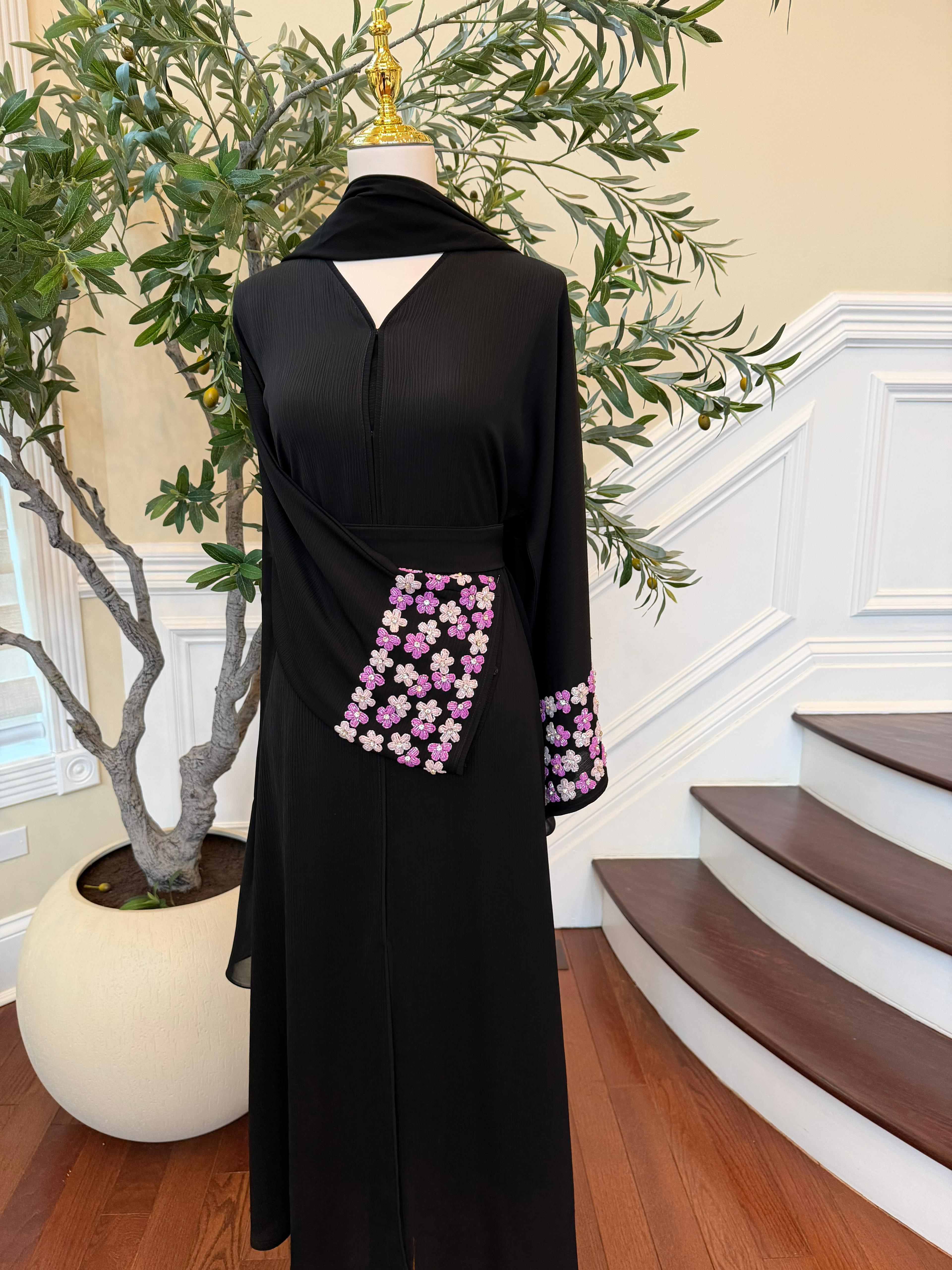 Black Rose Sleeve Beaded Abaya