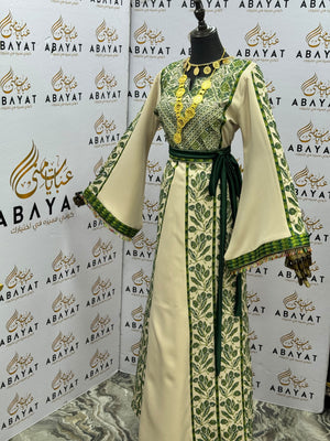 Ivory & Olive Green Palestinian Embroidered Thobe