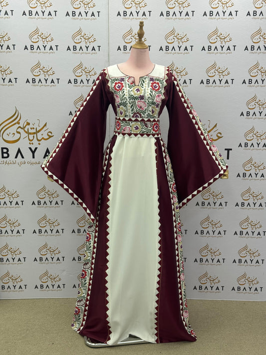 Traditional Palestinian Thobe in Maroon and White with Floral Tatreez