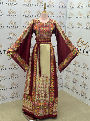 Burgundy & Cream Palestinian Embroidered Thobe – Multicolor Tatreez Maxi Dress with Wide Sleeves”