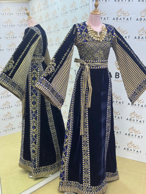 Premier Velvet Palestinian Thobe – Navy with Gold Detailing