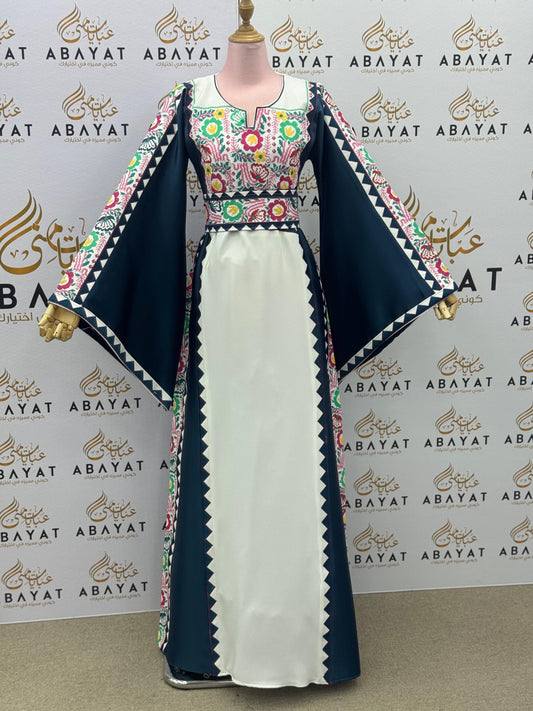 Navy & Ivory Palestinian Thobe – Embroidered Tatreez Maxi Dress