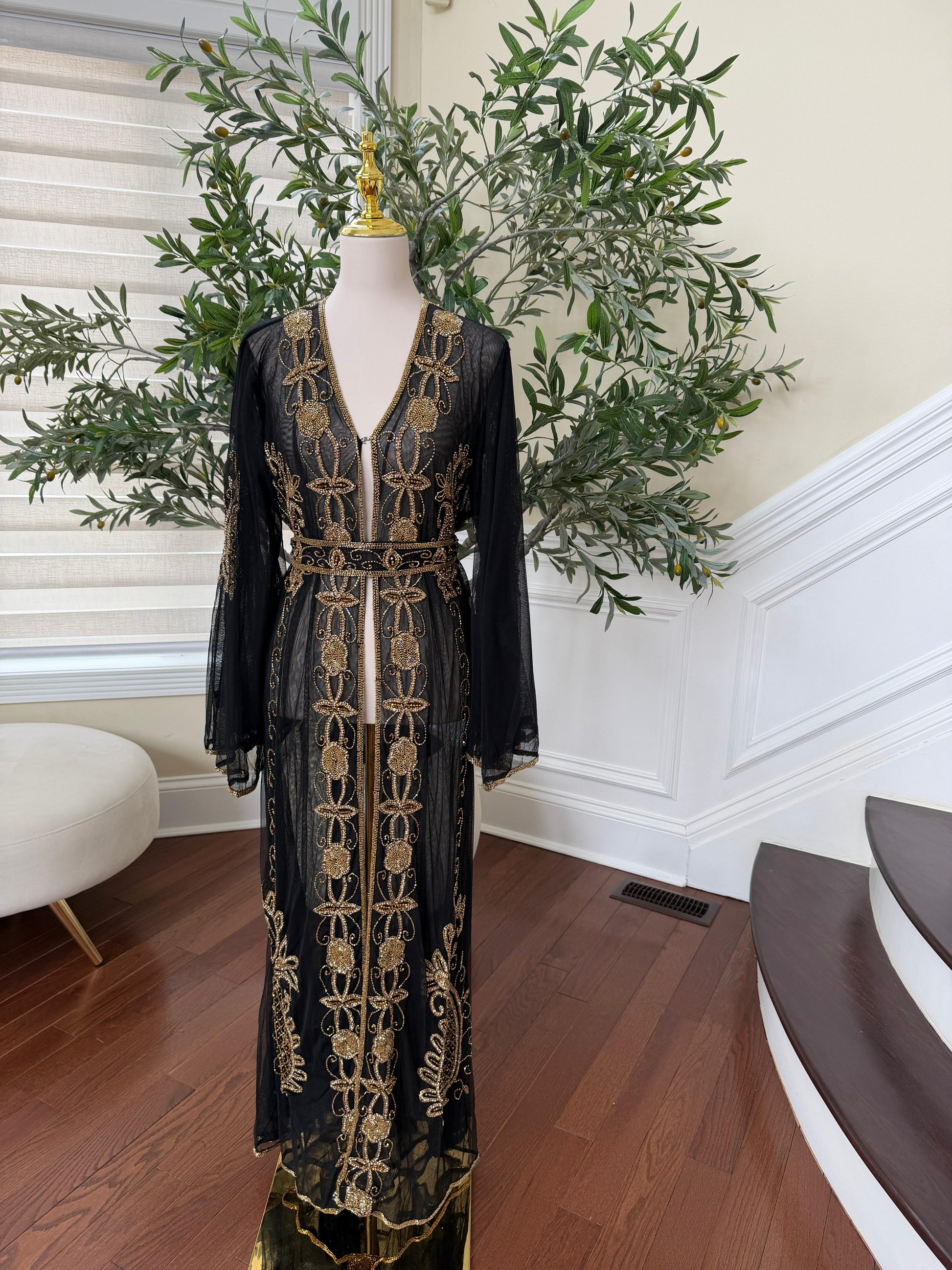 Gold Sequene Beaded Black Cardigan Abaya