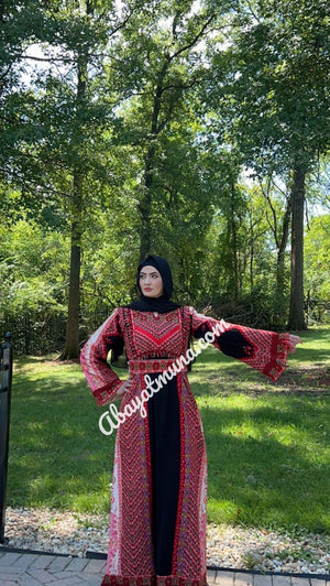 Red & Black Traditional Thoub Embroidery With Wide Sleeve -35