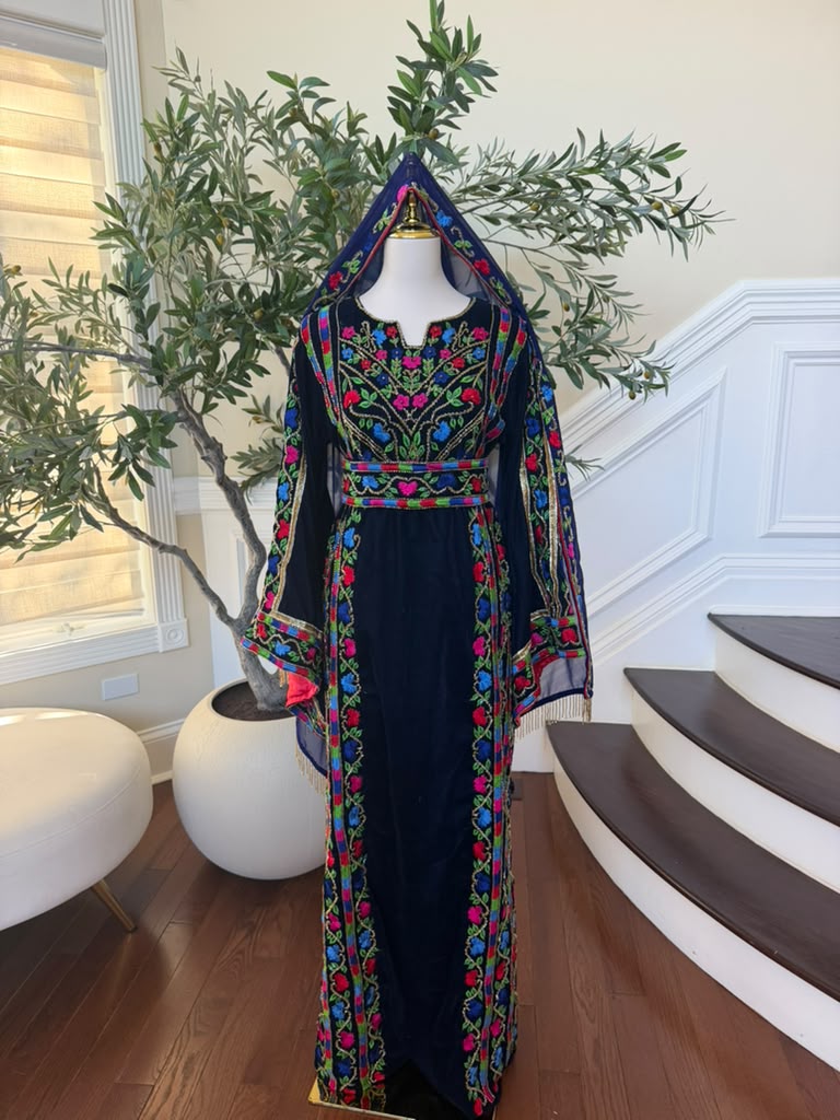 Elegant Navy Blue Velvet Palestinian Thobe with Vibrant Multicolor Floral Embroidery(scarf not included)
