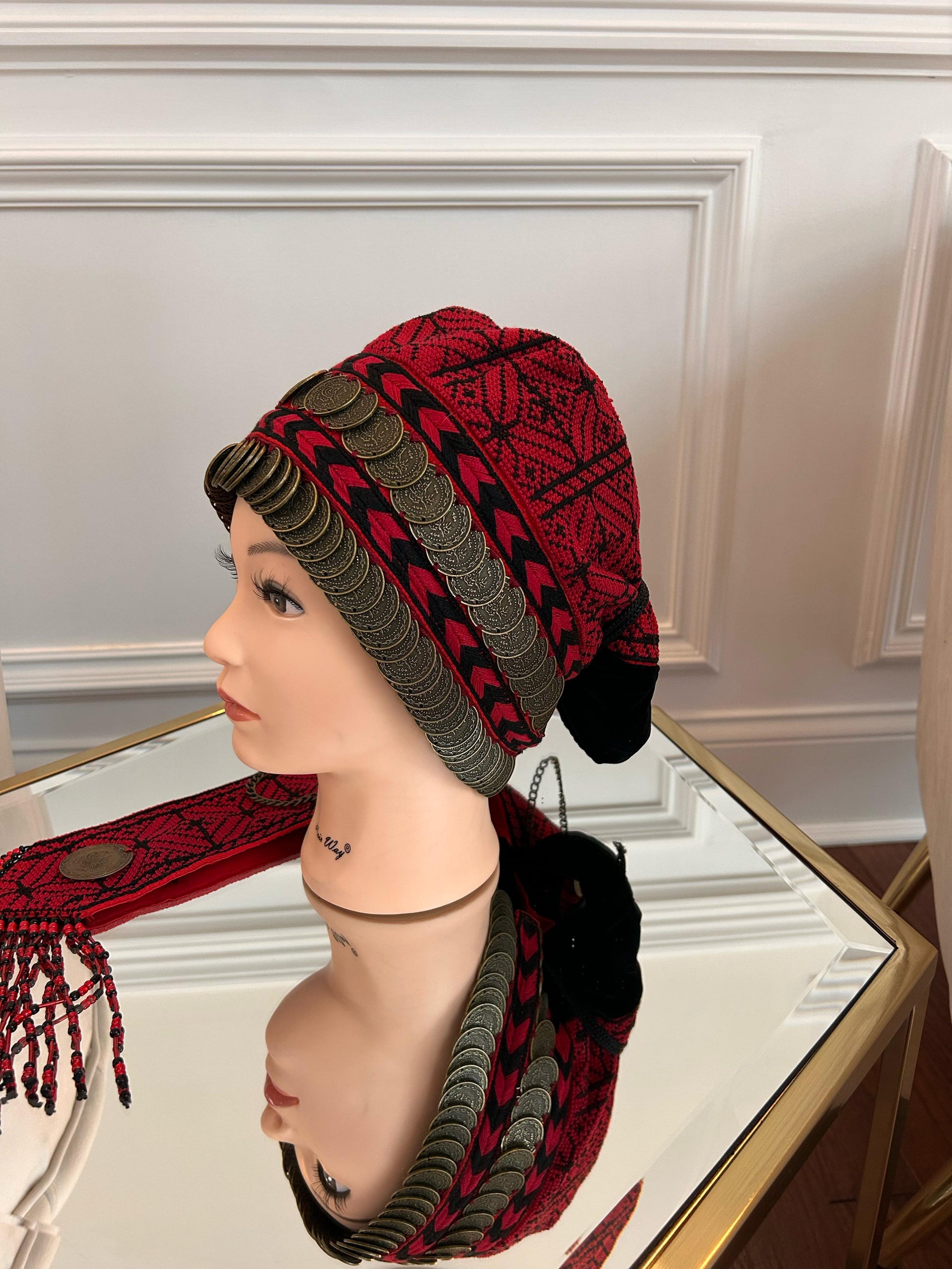 Red Tatreez Embroidery Coin Head Piece تطريز يدوي