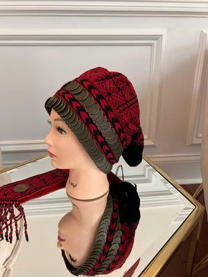 Red Tatreez Embroidery Coin Head Piece تطريز يدوي