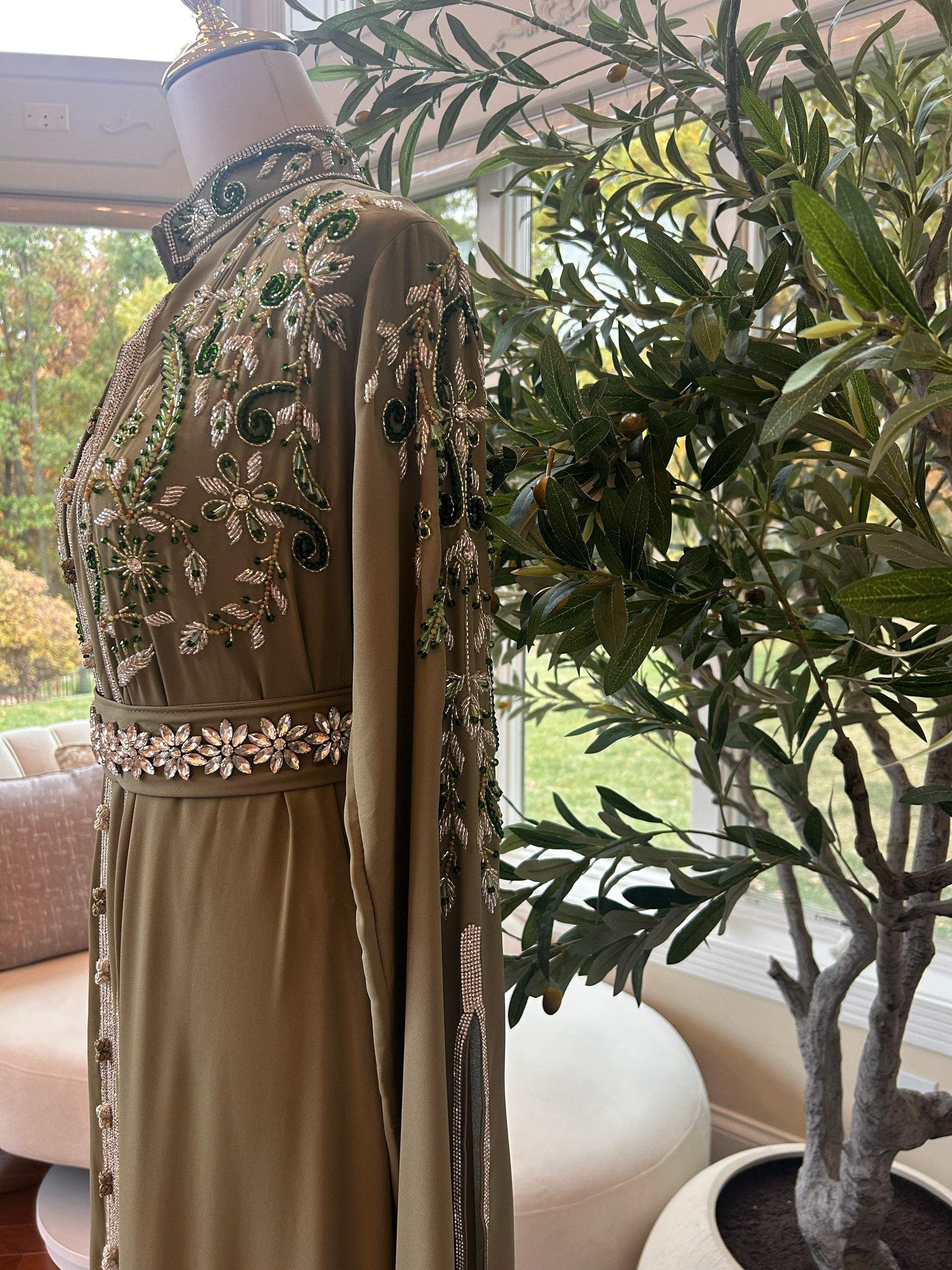 Olive Beaded Stone Kuftan