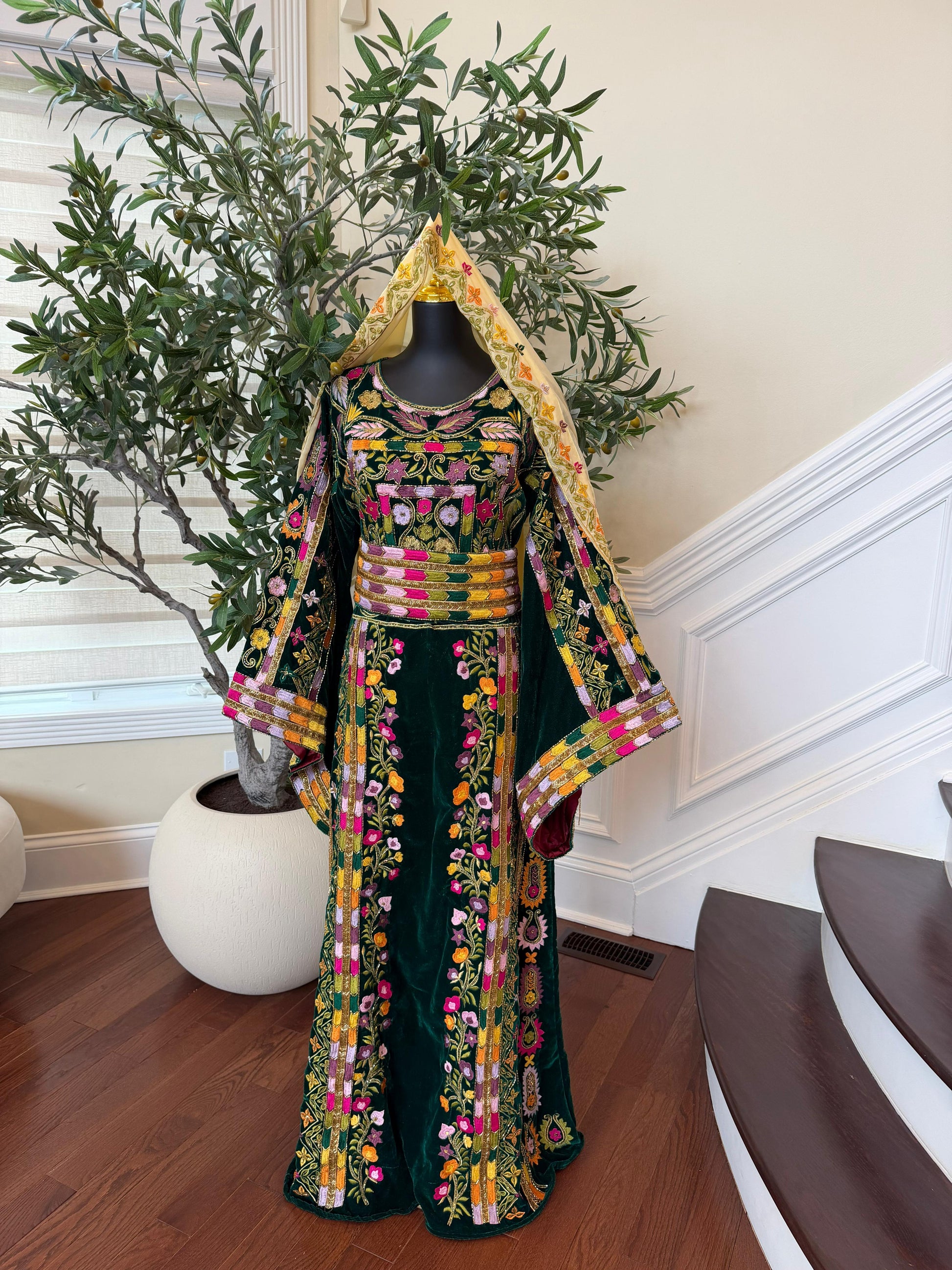 Green Velvet Beaded Stone Thobe