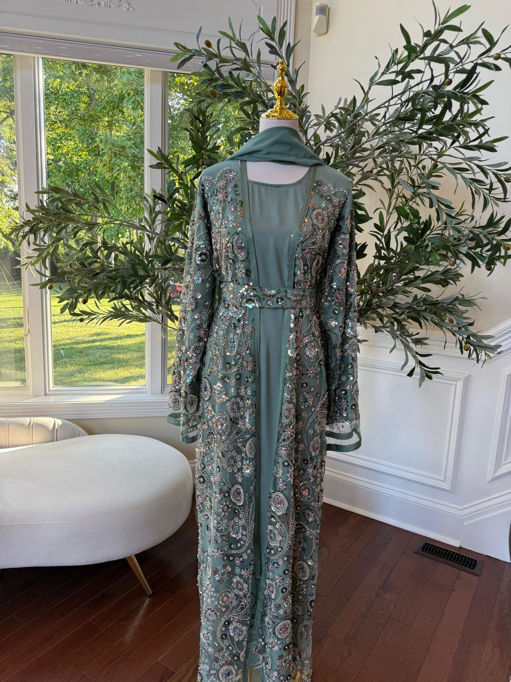 Ocean Sage Sequin Floral Abaya