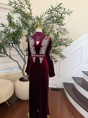 Red Velvet Beaded Stone Charm Abaya