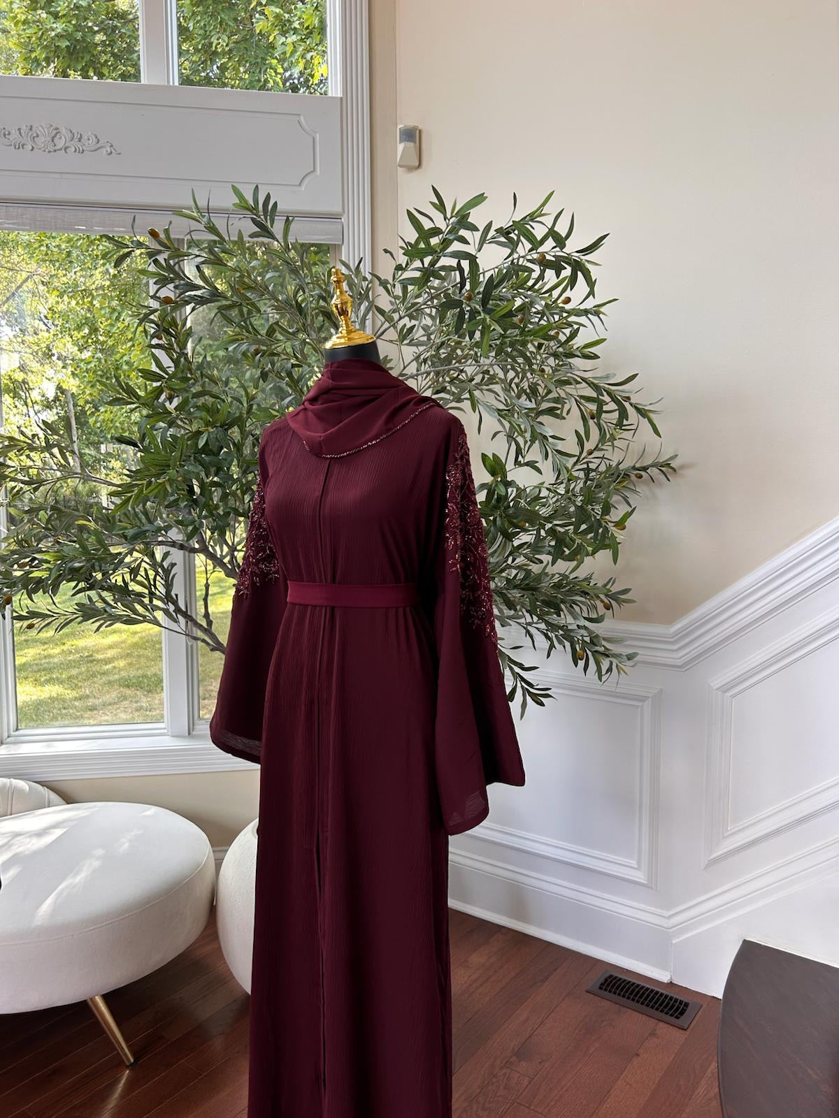 Floral Burgundy Sleeve Charm Abaya
