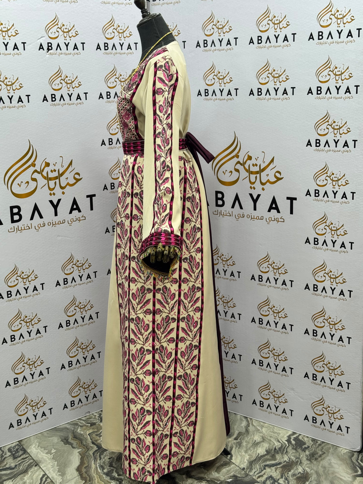 Ivory & Magenta Palestinian Embroidered Thobe