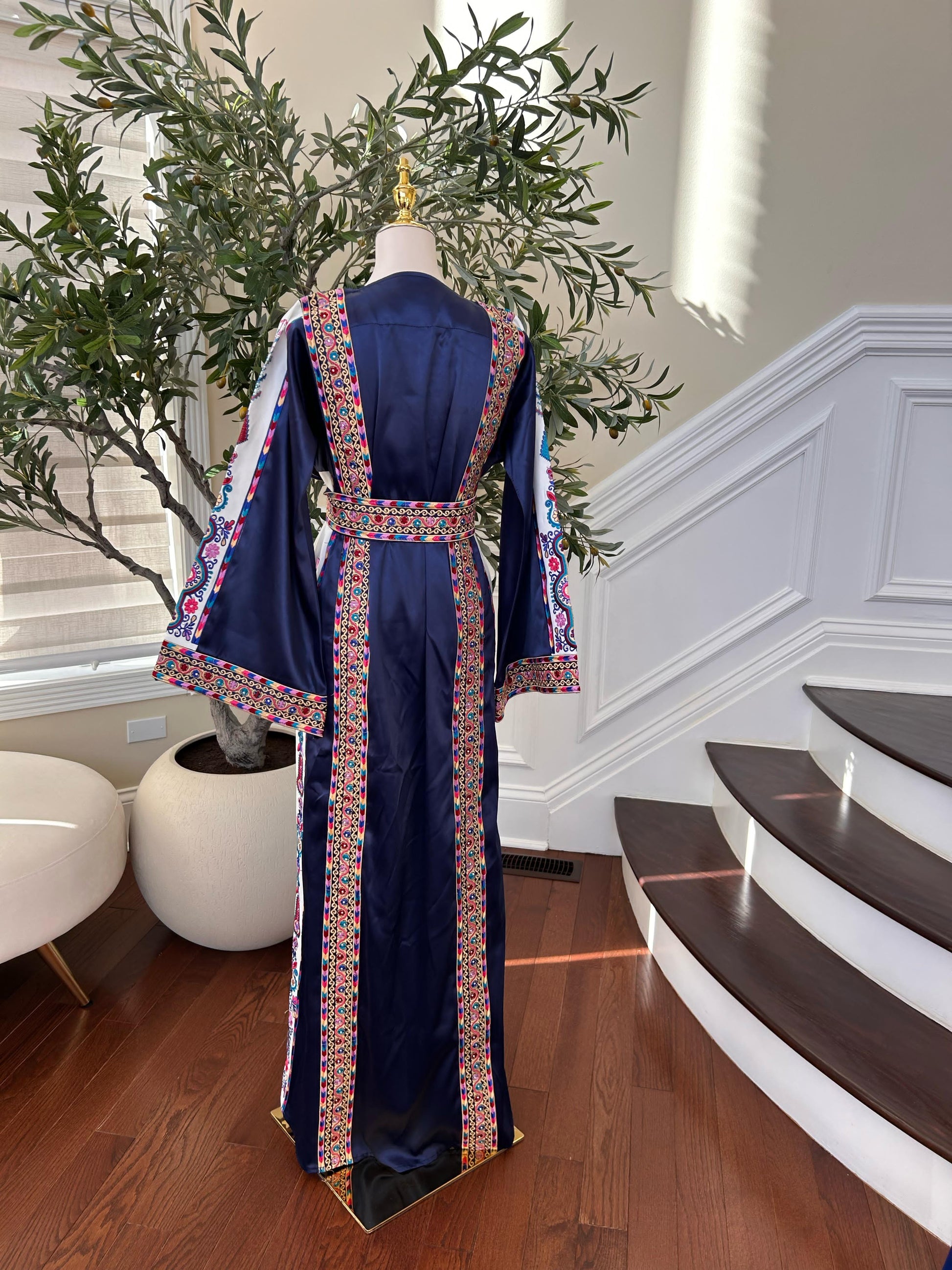 Navy Blue Satin Embroidered Tatreez Thobe