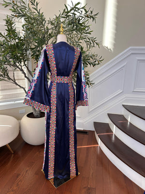Navy Blue Satin Embroidered Tatreez Thobe