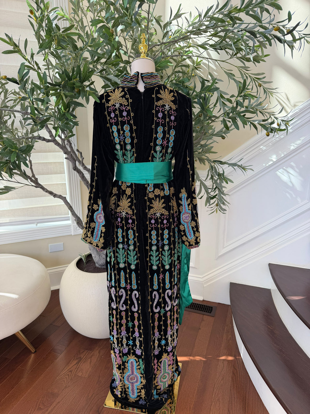Elegant Black Palestinian Embroidered Thobe with Multicolor Detailing and Turquoise Sash (scarf not included)