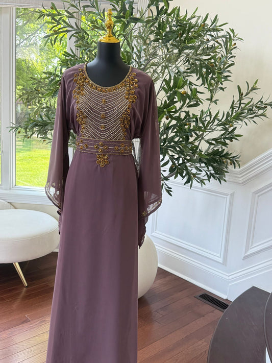 Elegant Mauve Beaded Kuftan Maxi Dress