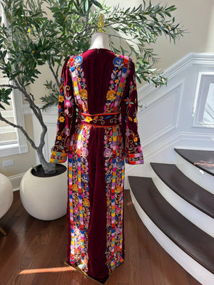Elegant Burgundy Velvet Palestinian Thobe with Colorful Floral Embroidery – Scarf Not Included
