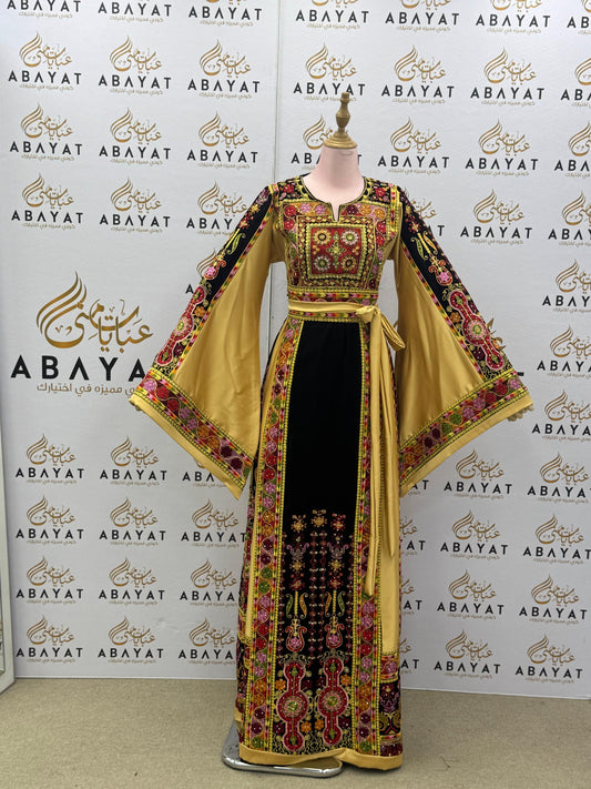 Traditional Palestinian Thobe in Black & Gold with Multicolor Tatreez